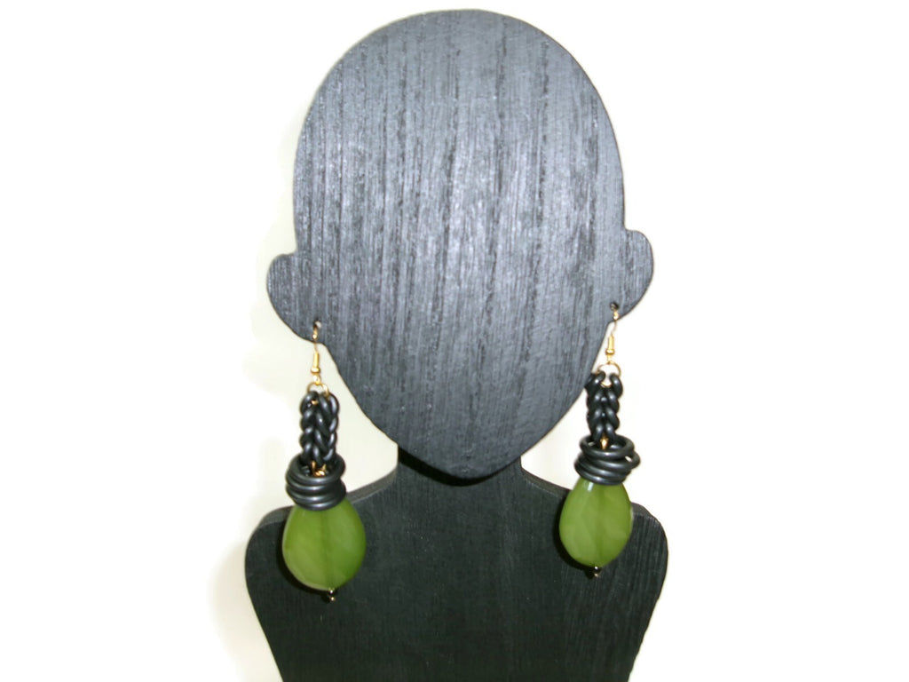 Womens Ear Candy Statement Earrings Green Textured Bead w/ Rubber Huggie Design