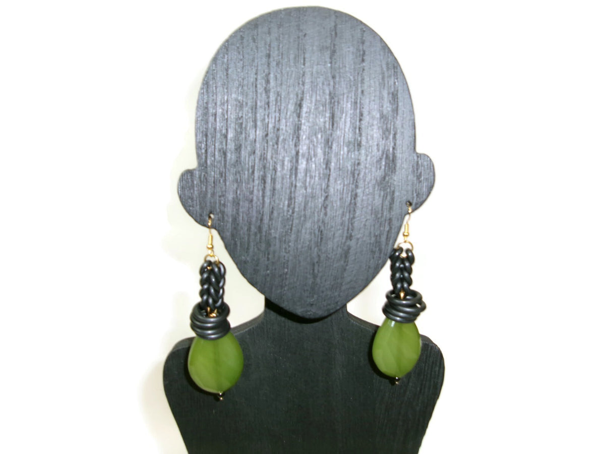 Womens Ear Candy Statement Earrings Green Textured Bead w/ Rubber Huggie Design
