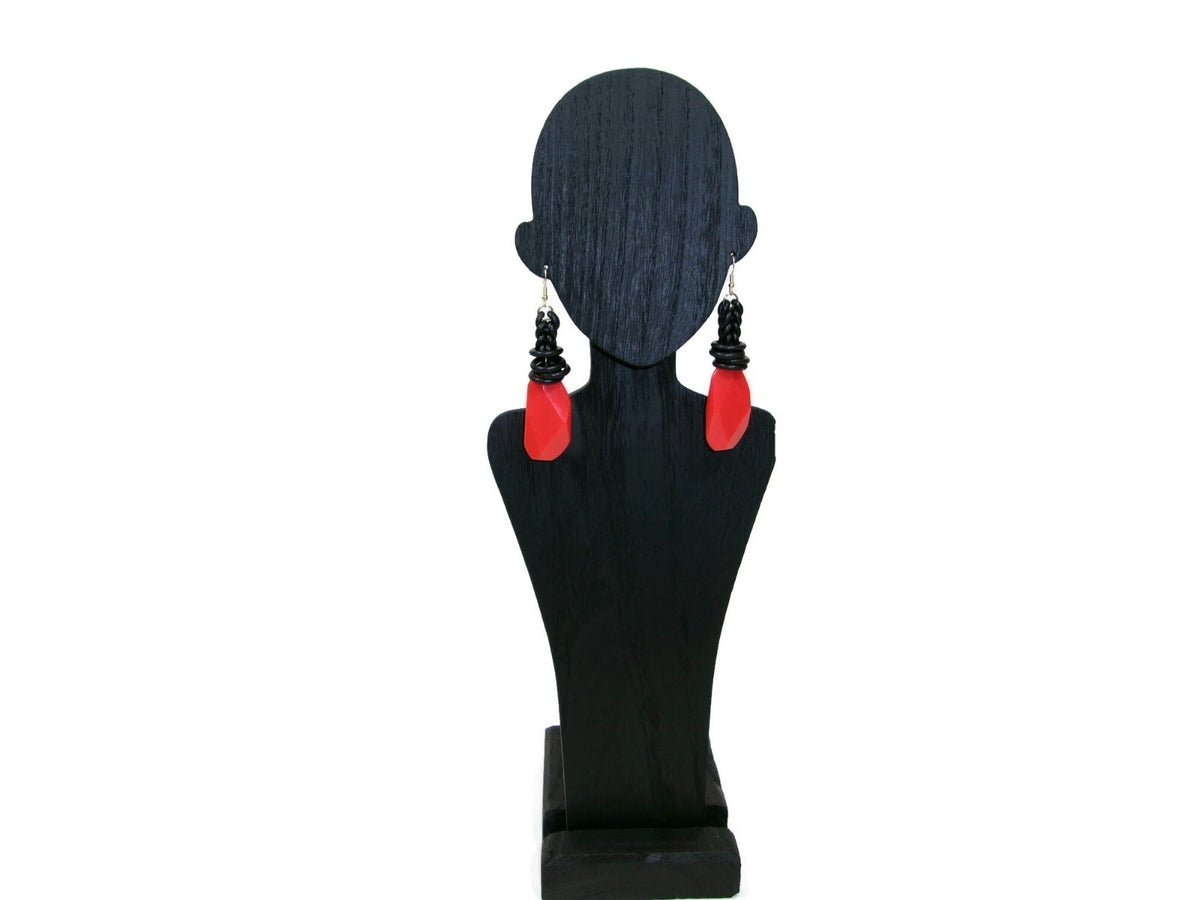 Womens Ear Candy Statement Drop Earrings Large  Redish Orange / Black Unique