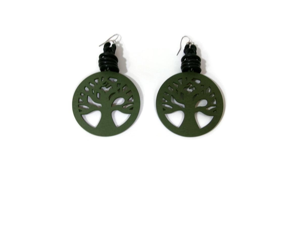 Womens Ear Candy Statement Green Earrings Wood Family Tree Black Rubber Design