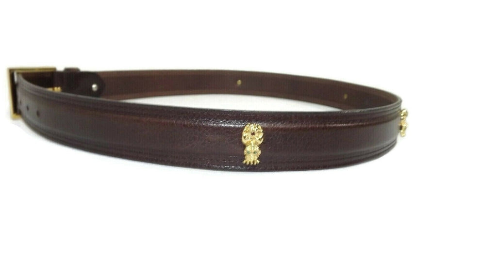 HAWAIIAN Tiki MAN Gold w/ Rhinestones Brown CUIR Italian Leather BELT Size 38
