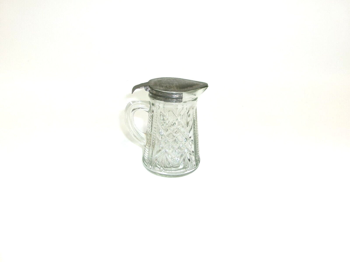 Heavy Glass Ribbed Textured Antique Molasses Syrup Dispenser w/ Metal LID