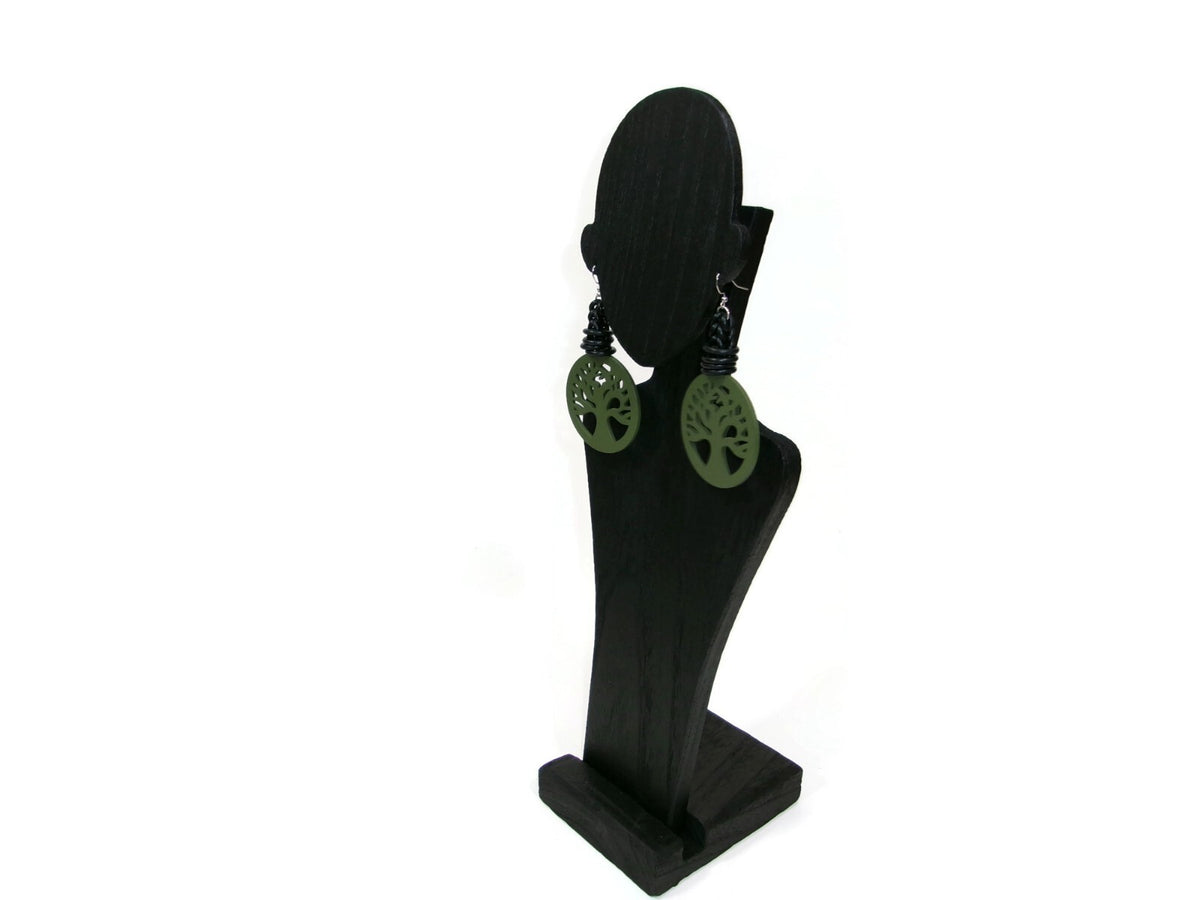 Womens Ear Candy Statement Green Earrings Wood Family Tree Black Rubber Design