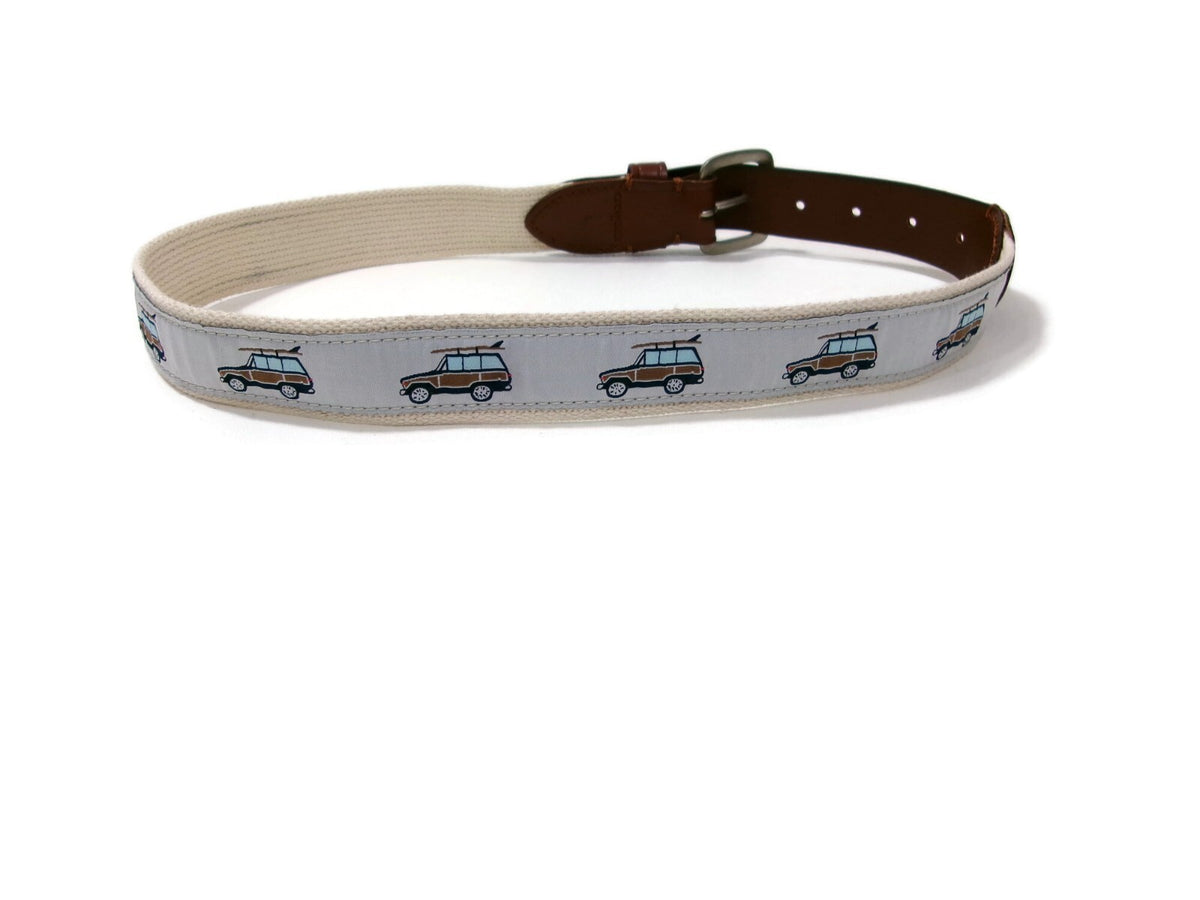 J Crew Crewcuts Kids Boys Belt Size L Large Leather Canvas w/Car Surfboard Motif