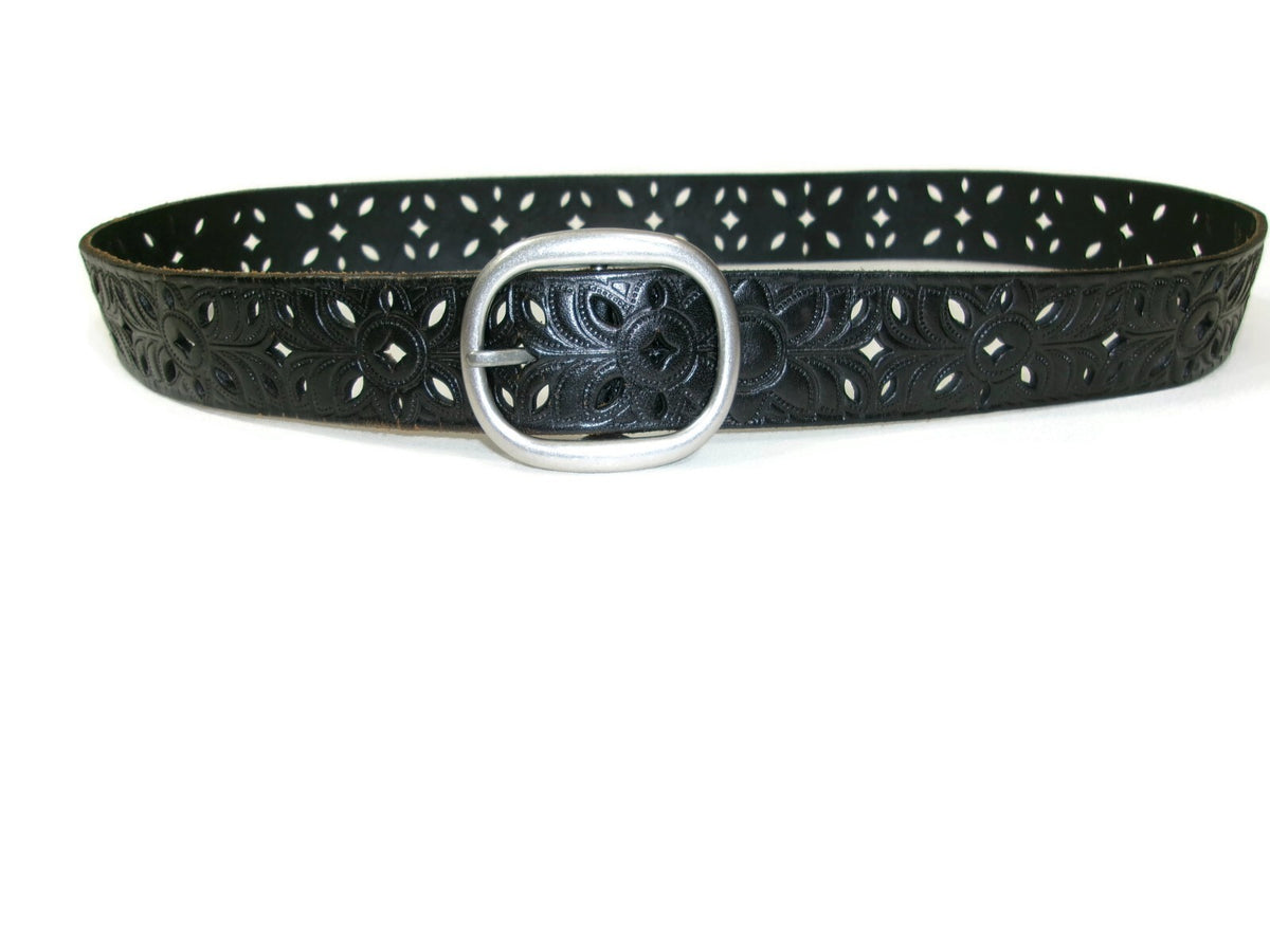 Womens BLACK Scroll Intricate Cut Design Distressed Belt Size M  Medium