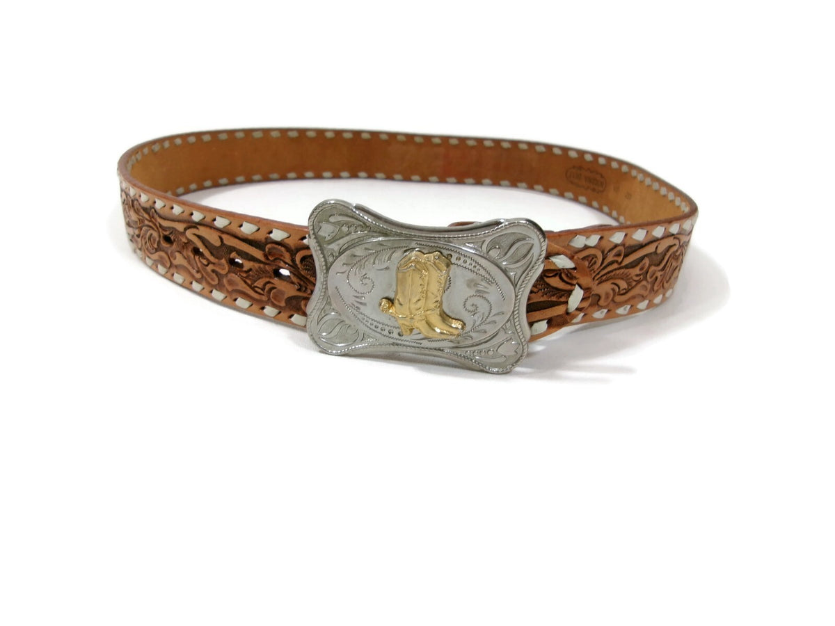 Nocona Vintage Tan Tool Leather Western Belt W/Boots Buckle Embossed w/ KENNY SM