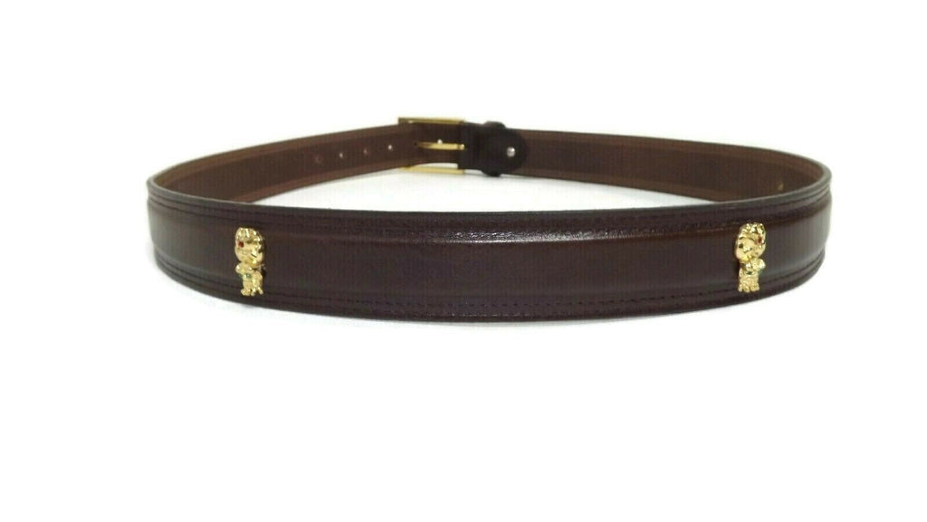 HAWAIIAN Tiki MAN Gold w/ Rhinestones Brown CUIR Italian Leather BELT Size 38