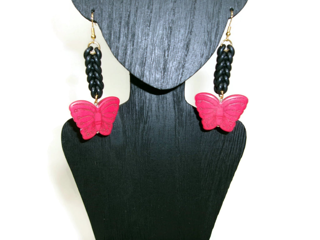 Womens Ear Candy Statement Drop Earrings Red Butterfly w/ Unique Rubber Design