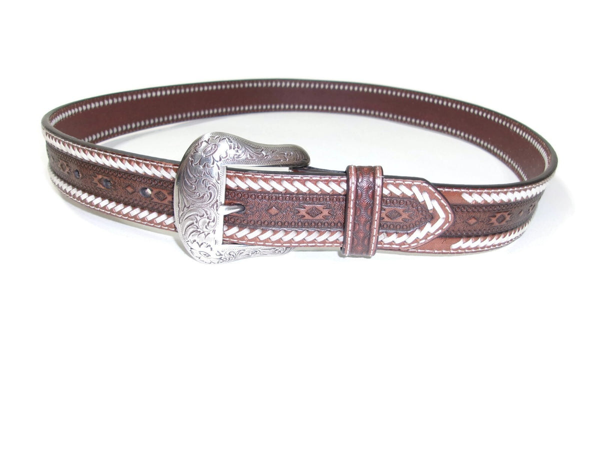Ariat Mens Southwestern Western Belt Size 40 Brown Leather  Buckstitch Lacing