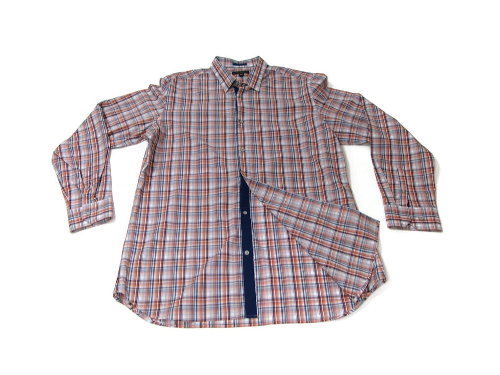 Banana Republic Mens Dress Shirt 17-17.5 XL Orange Blue Gray Plaid Long Sleeve