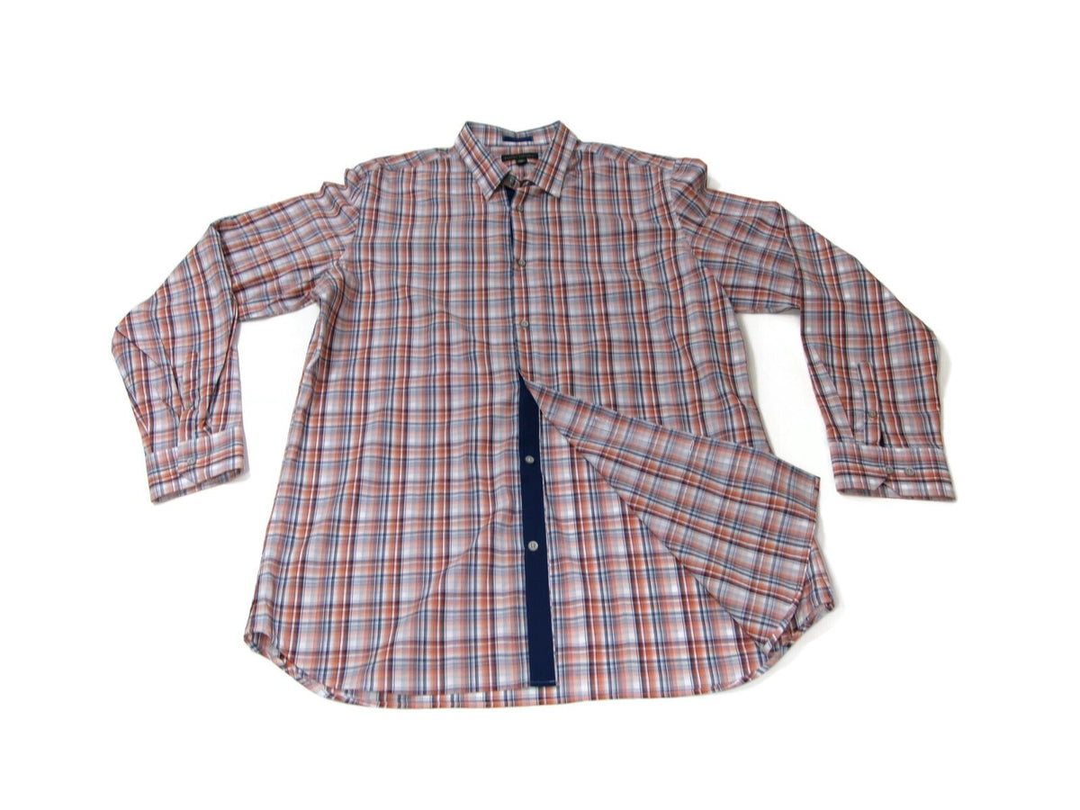 Banana Republic Mens Dress Shirt 17-17.5 XL Orange Blue Gray Plaid Long Sleeve