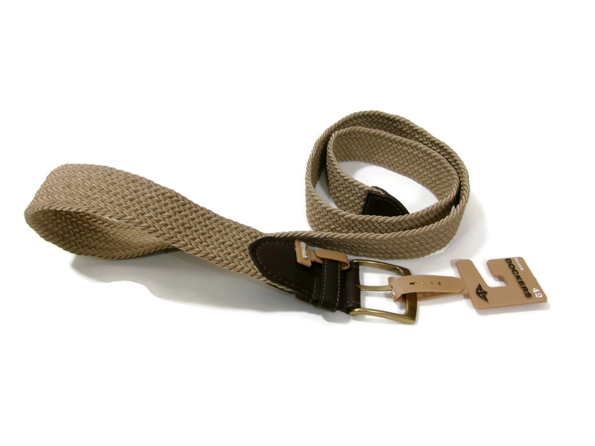 Dockers Mens Khaki & Brown Leather &Stretch Belt Size 42 NWT