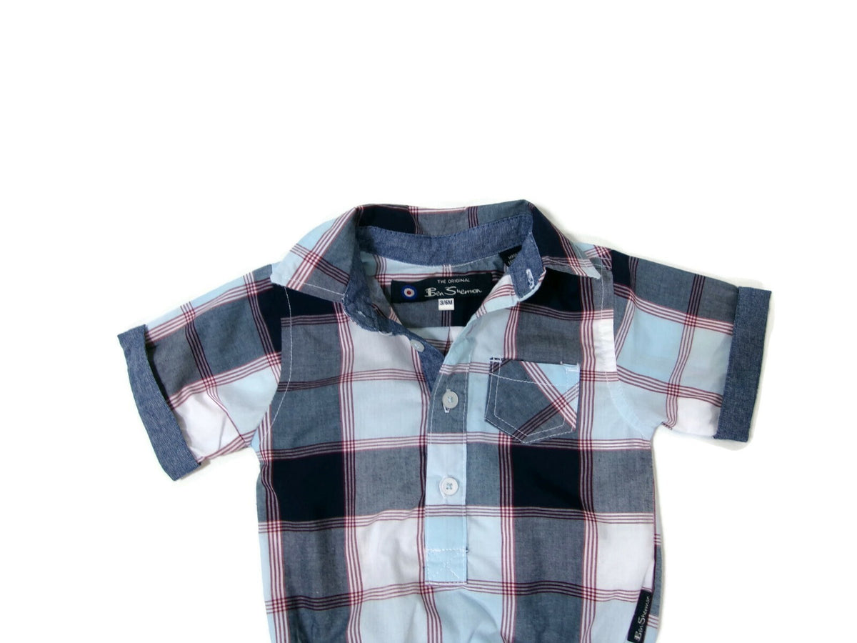 The Original Ben Sherman Collar Shirt Baby Boy One Piece Bodysuit Plaid 3/6 M