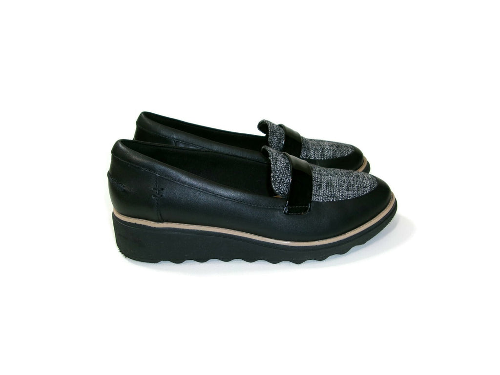 Clarks Womens Shoes Size 9.5 M Black Leather & Tweed & Patent Low Wedge Heels