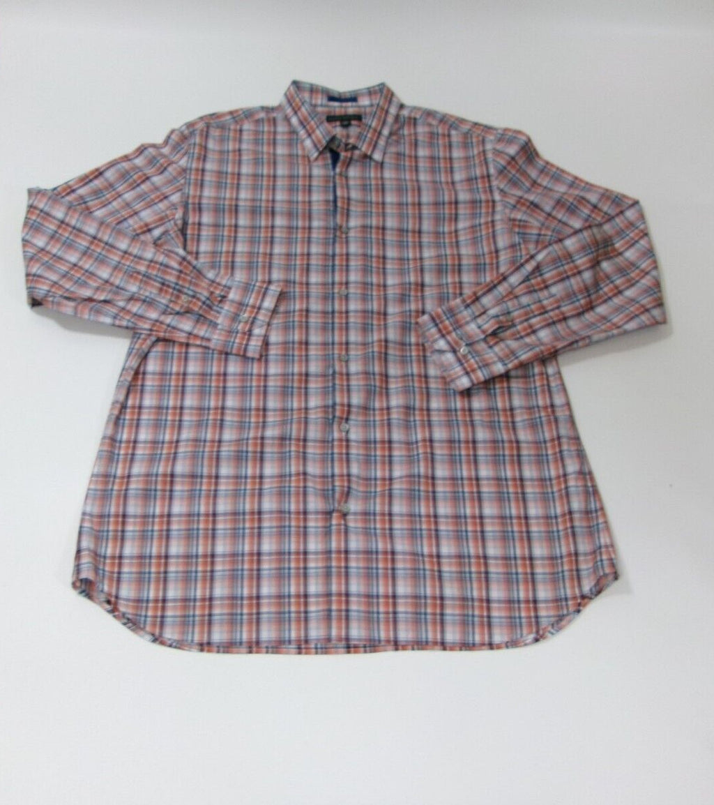 Banana Republic Mens Dress Shirt 17-17.5 XL Orange Blue Gray Plaid Long Sleeve