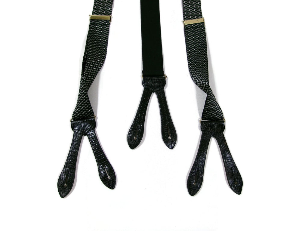 Mens Black Gray Suspenders w/ Black Leather Croc Embossed Tabs Made In England