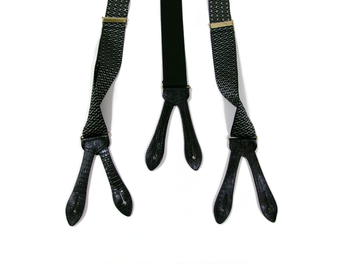 Mens Black Gray Suspenders w/ Black Leather Croc Embossed Tabs Made In England