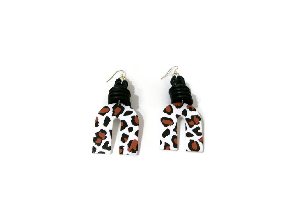 Womens Ear Candy Statement Earrings Leopard Print  Black Tan & White