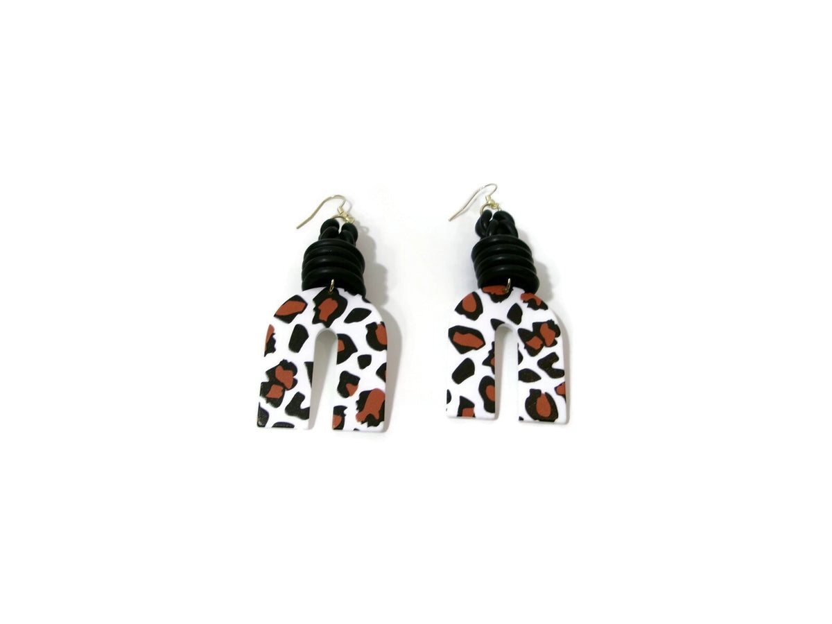 Womens Ear Candy Statement Earrings Leopard Print  Black Tan & White